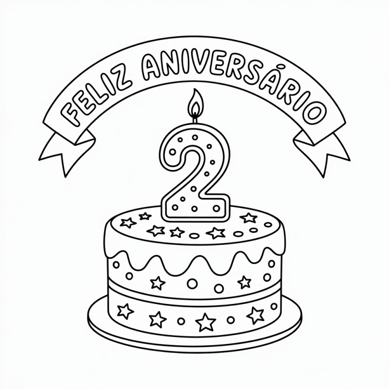 Desenho de Bolo de Aniversário com Vela Número 2 para Colorir