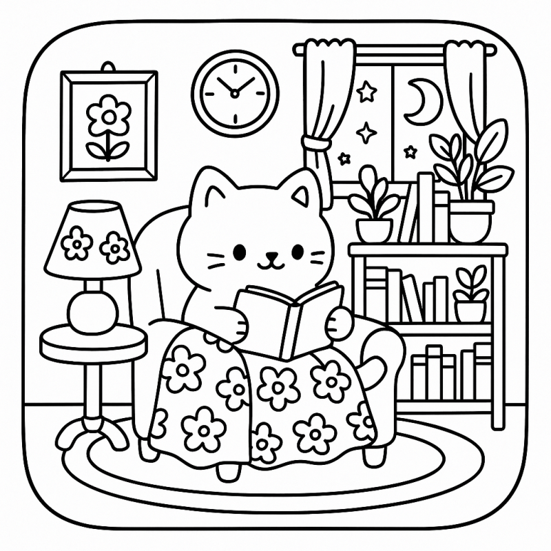 Desenho Detalhado de Gatinho Lendo para Colorir Desenho de gatinho aconchegante lendo para colorir, estilo Boobie Goods