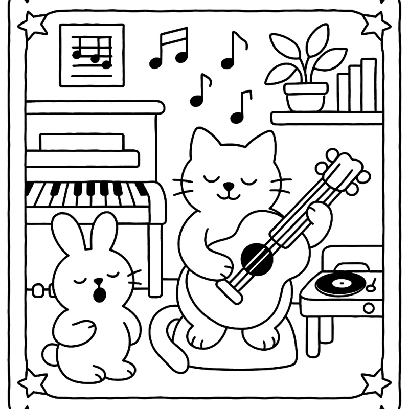 Gato e Coelho: Harmonia Musical para Colorir Gato tocando violão e coelho cantando em cena musical fofa