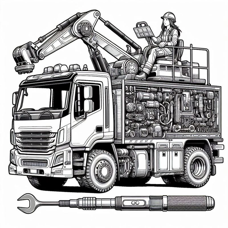 Desenho em preto e branco de caminhão complexo com personagem feminina e braço mecânico