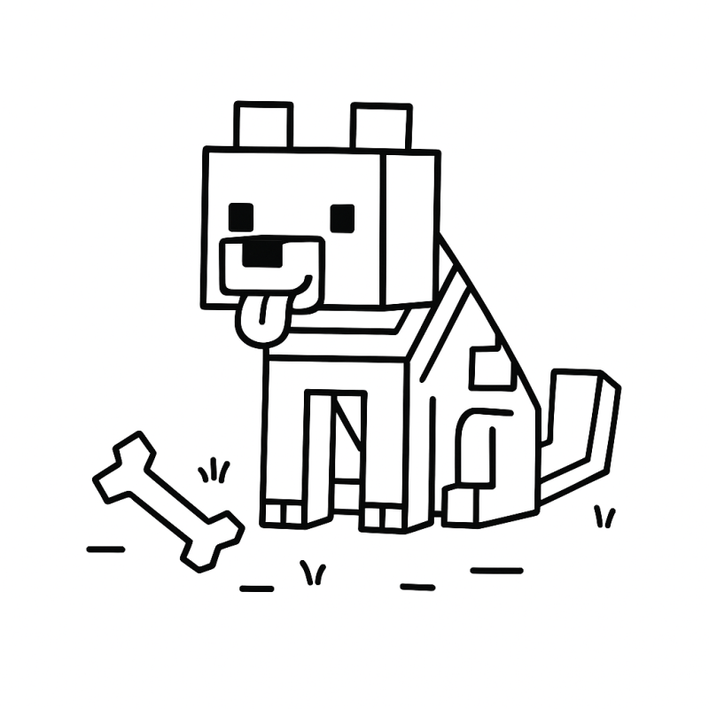 Desenho de cão em estilo Minecraft com cachorro pixelado sentado e osso ao lado para colorir