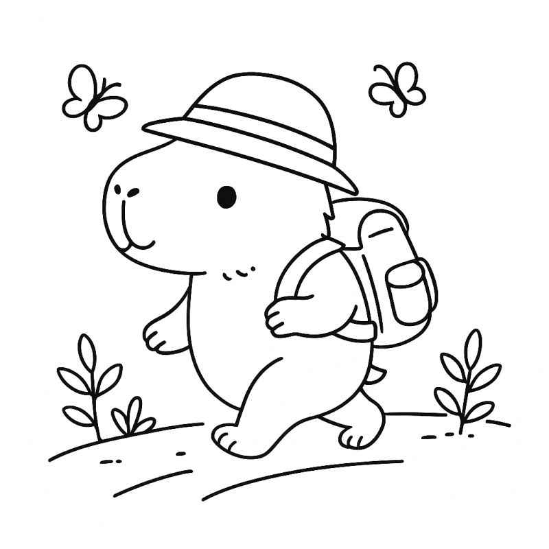 Desenho de Capivara Exploradora com Borboletas para Colorir