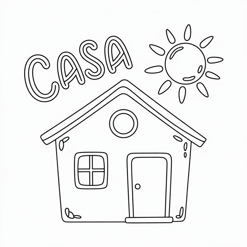 Desenho de Casa e Sol para Colorir e Aprender