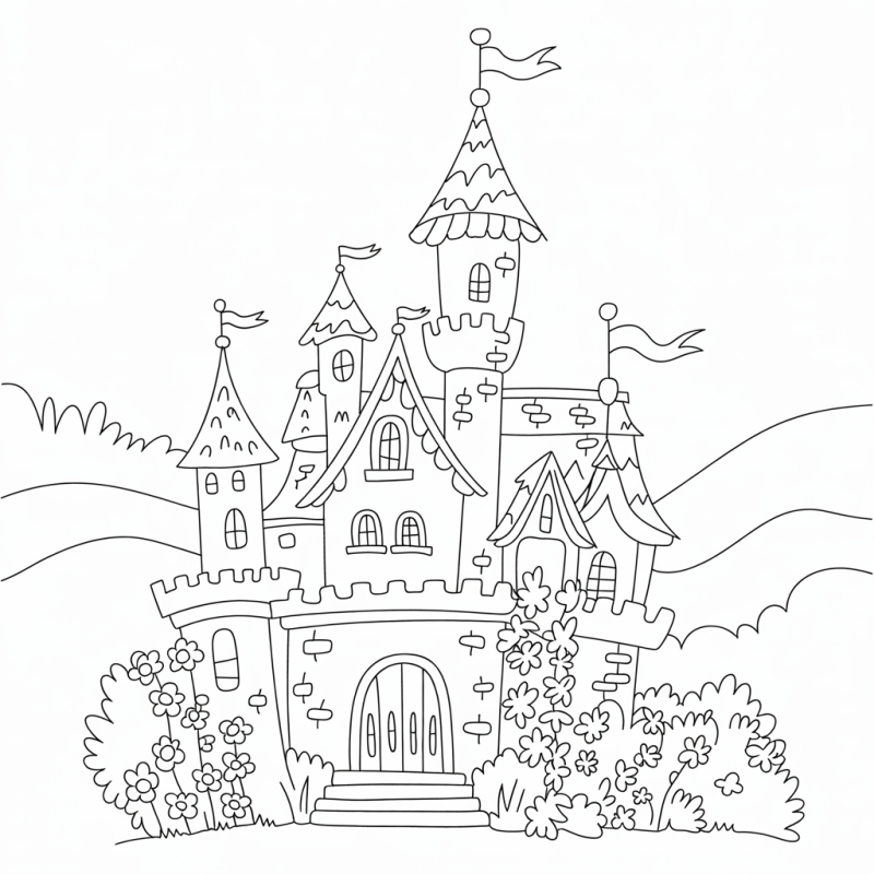 Desenho mágico de castelo com torres e bandeiras para colorir