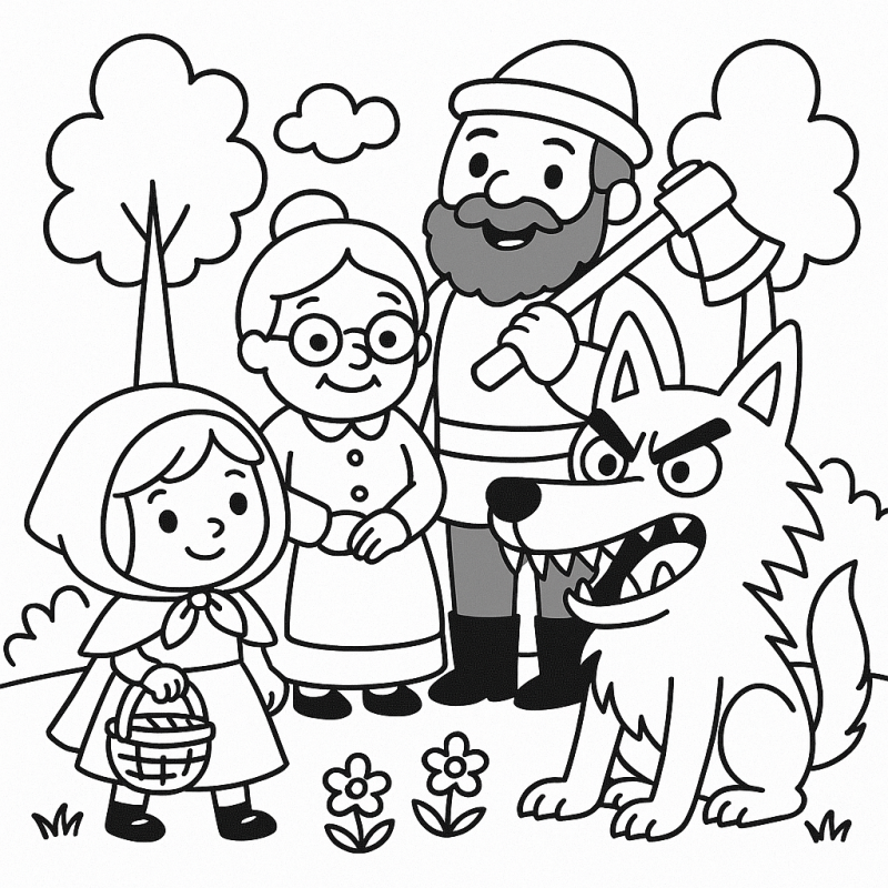 Desenho simplificado de Chapeuzinho Vermelho com lenhador, avó e lobo na floresta