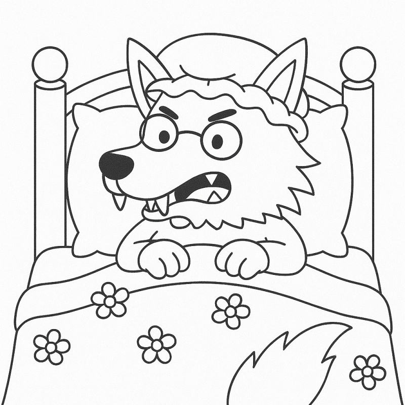 Desenho do Lobo Mau disfarçado de avó na cama, cena clássica de Chapeuzinho Vermelho