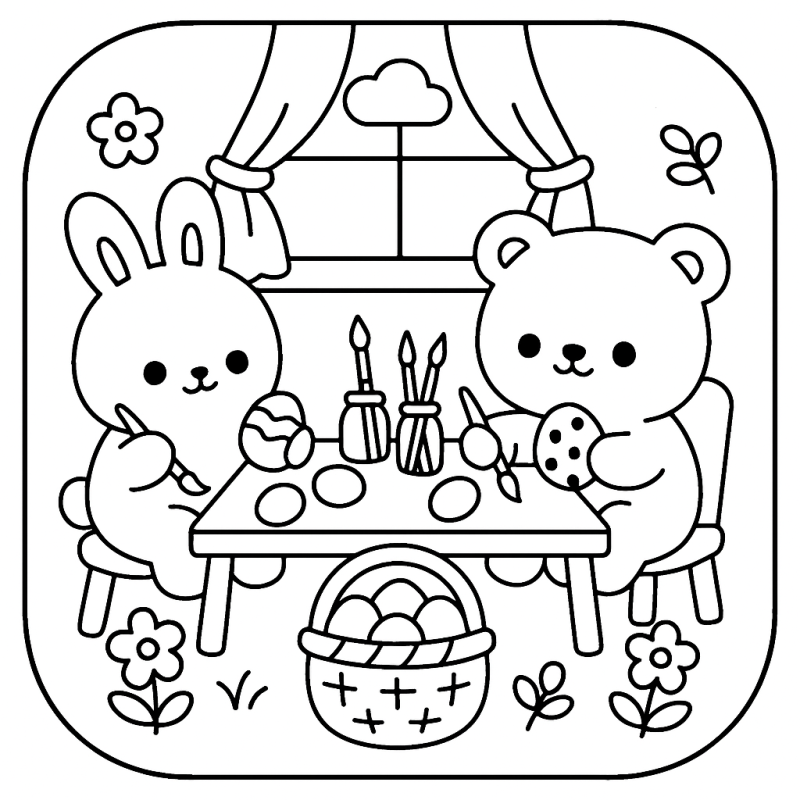 Desenho de Coelho e Urso Pintando Ovos Coelho e urso pintando ovos em estilo Boobie Goods
