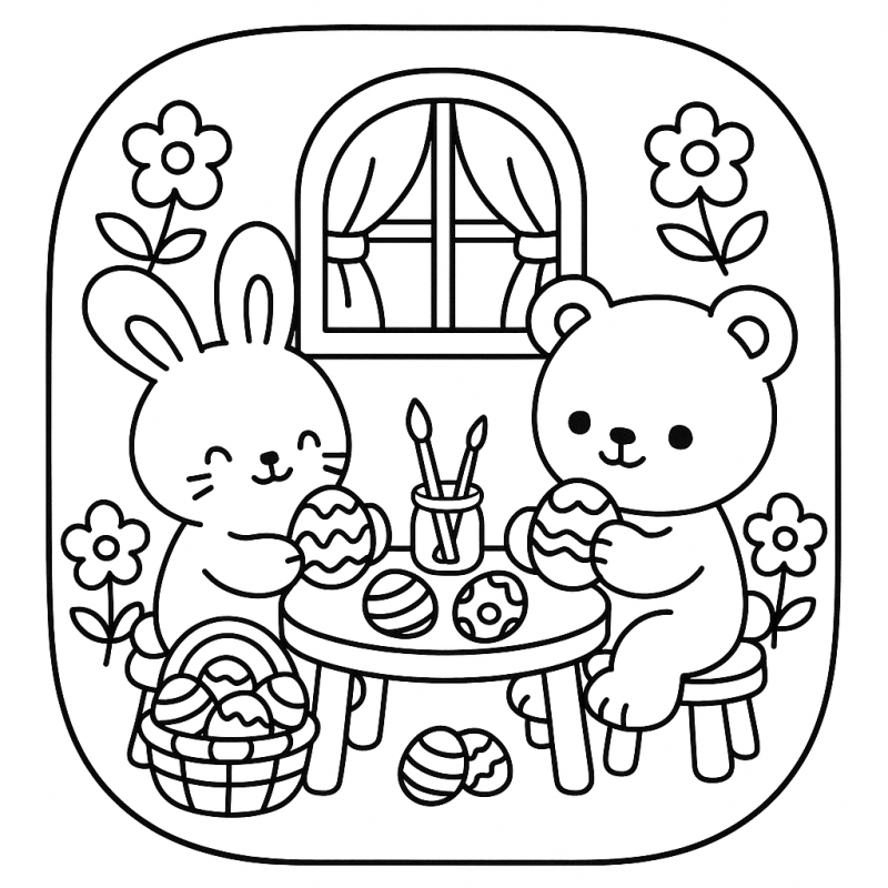 Divirta-se Colorindo: Coelhinho e Ursinho Decorando Ovos Desenho de coelhinho e ursinho decorando ovos em um ambiente primaveril