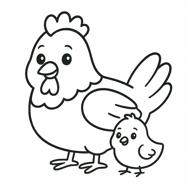 Desenho de galinha e pintinho fofos para colorir, ideal para crianças pequenas