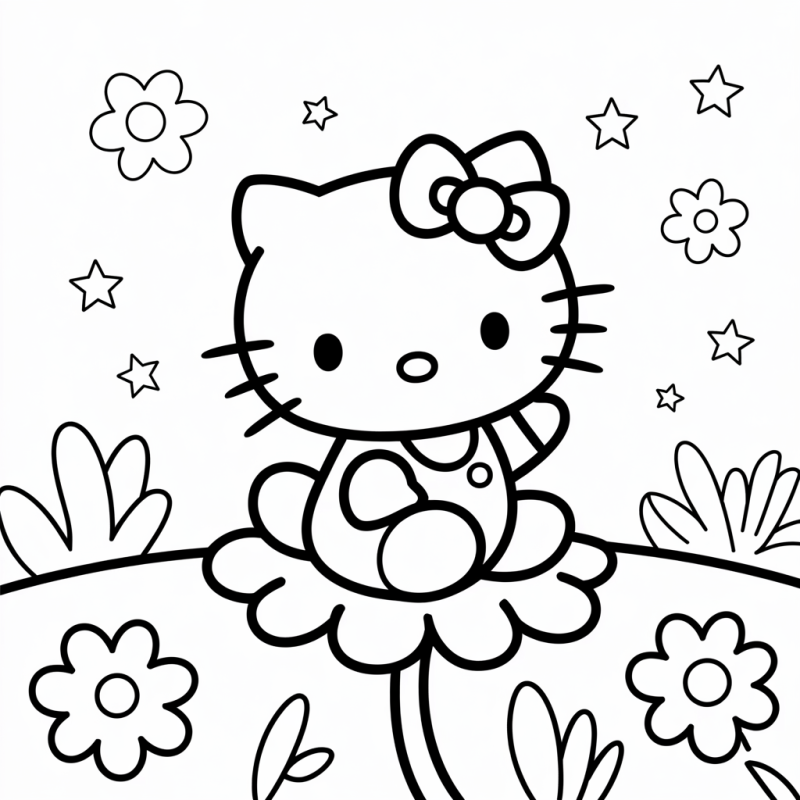 Desenho da Hello Kitty estilizada com laço, sentada sobre uma flor, ideal para colorir.