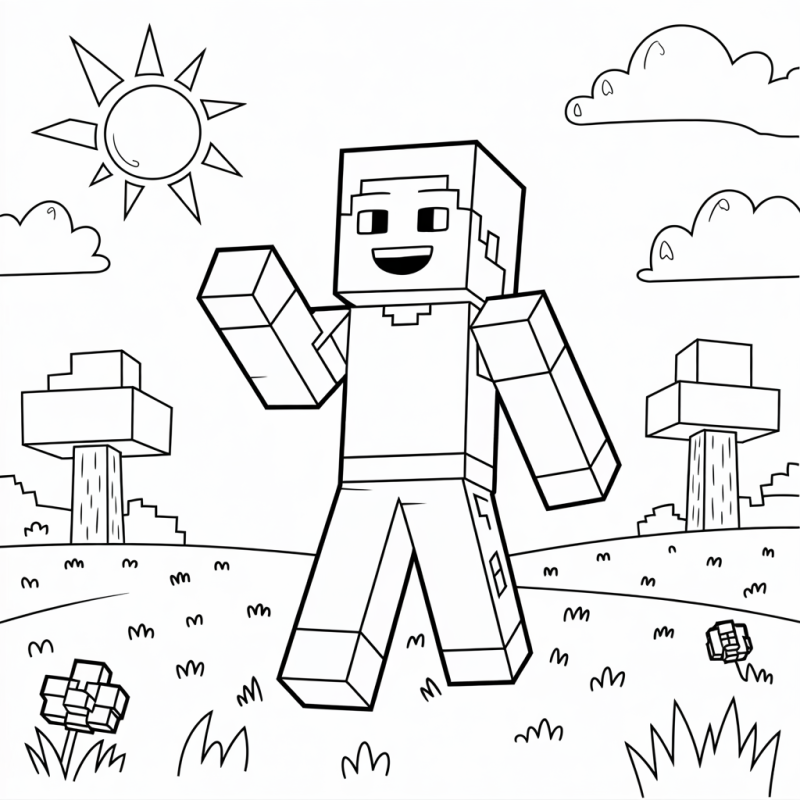 Desenho em preto e branco de cena Minecraft com personagem pixelado e paisagem