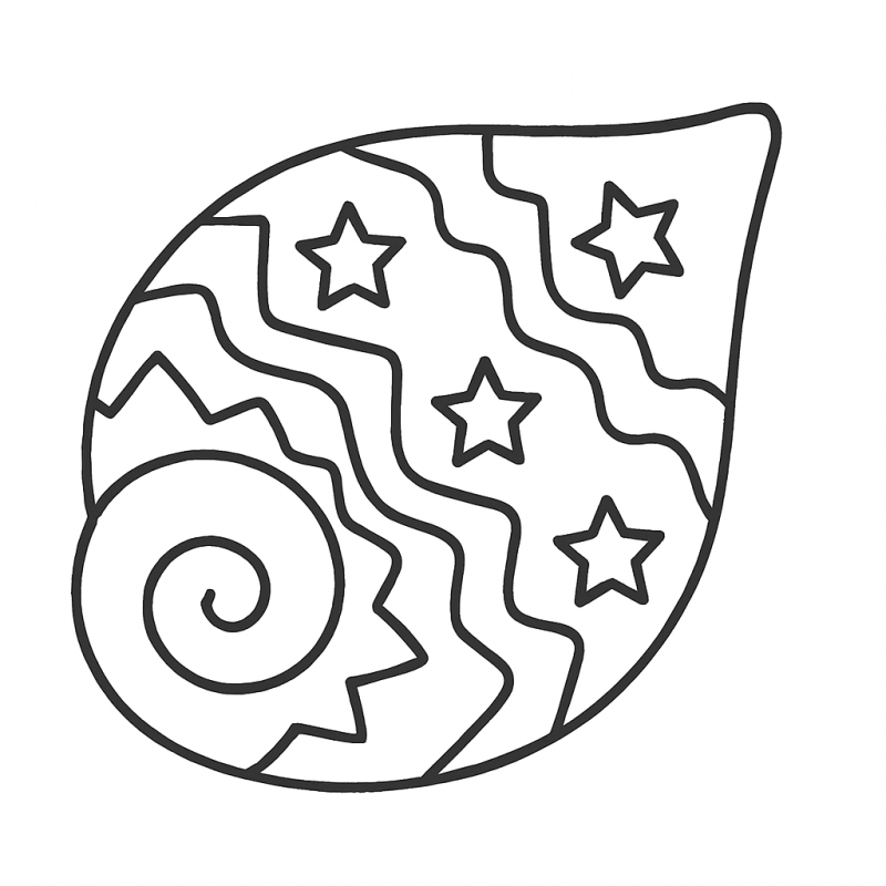 Desenho de concha estilizada para colorir com estrelas e linhas onduladas