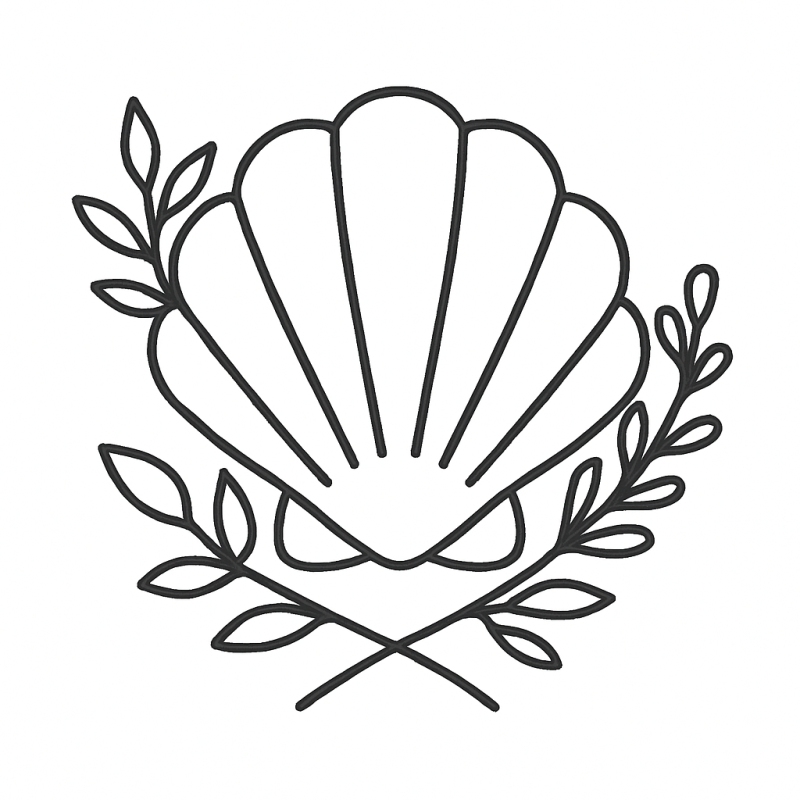 Desenho de Concha Estilizada para Colorir com Ramos de Folhas