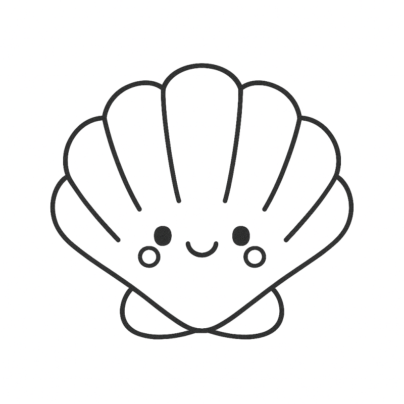 Desenho de concha sorridente para colorir, ideal para impressões e momentos criativos.