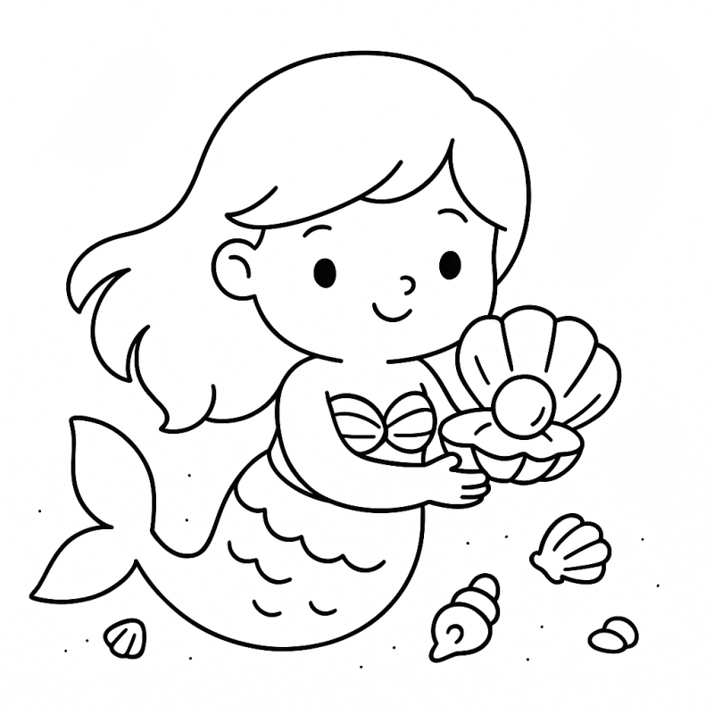 Desenho de sereia segurando uma concha com pérola para colorir