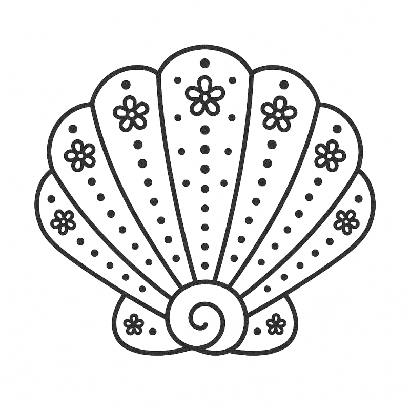 Desenho de concha estilizada com flores para colorir