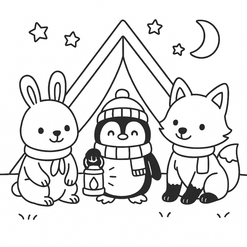 Cozy Friends acampando com coelho, pinguim e raposa