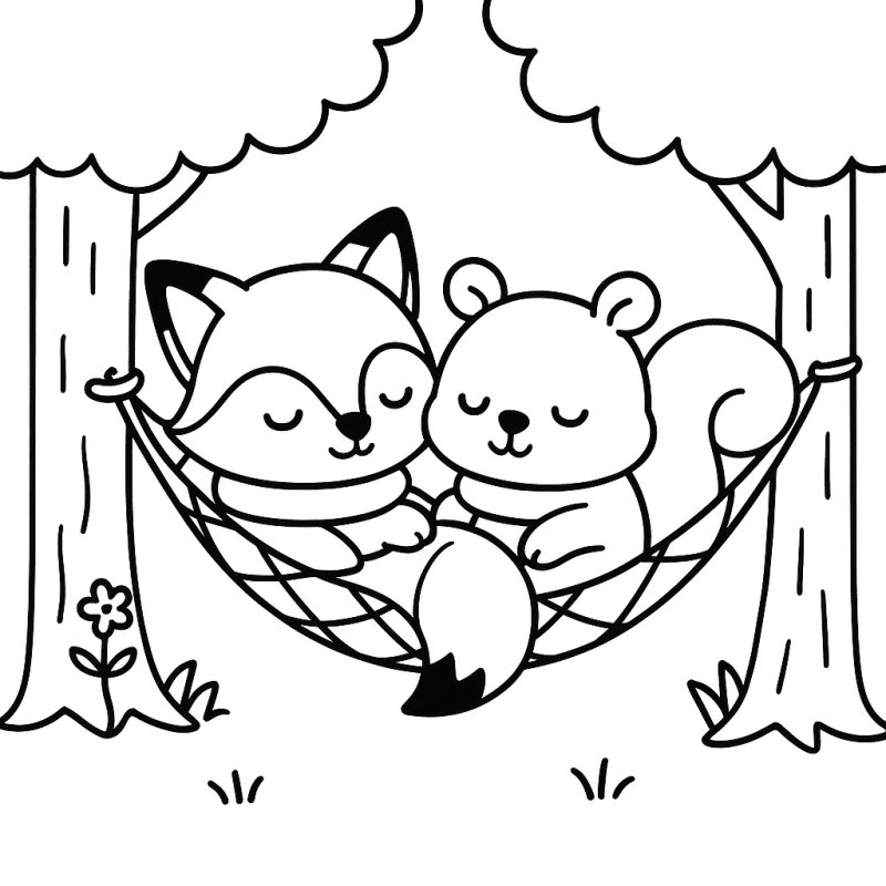 Raposo e Esquilo Cozy Friends descansando em uma rede