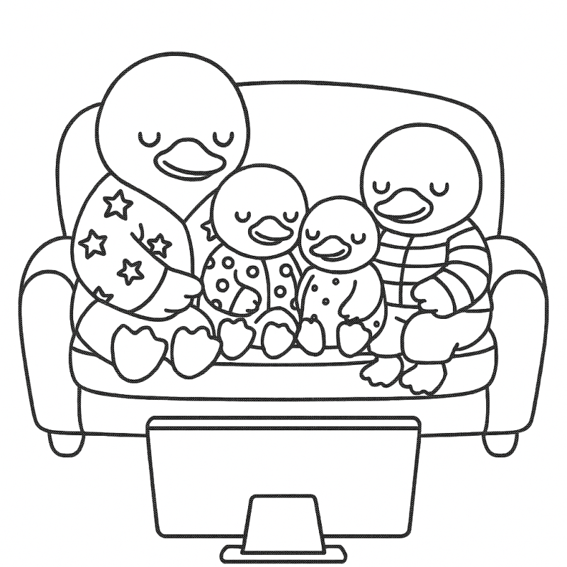 Desenho de patinhos felizes em pijamas no sofá para colorir