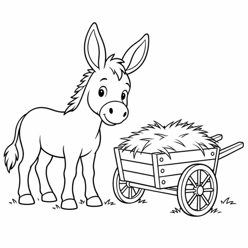 Desenho para colorir de um burrinho ao lado de um pequeno carrinho de feno