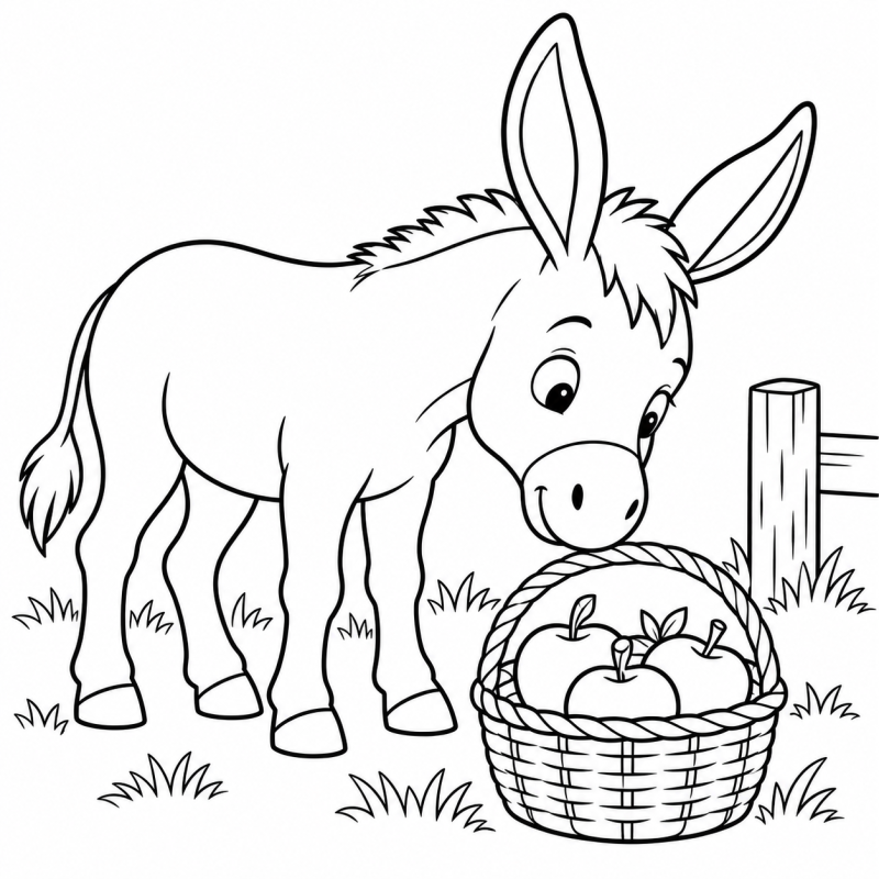 Burrinho de orelhas longas junto a cesta com maçãs