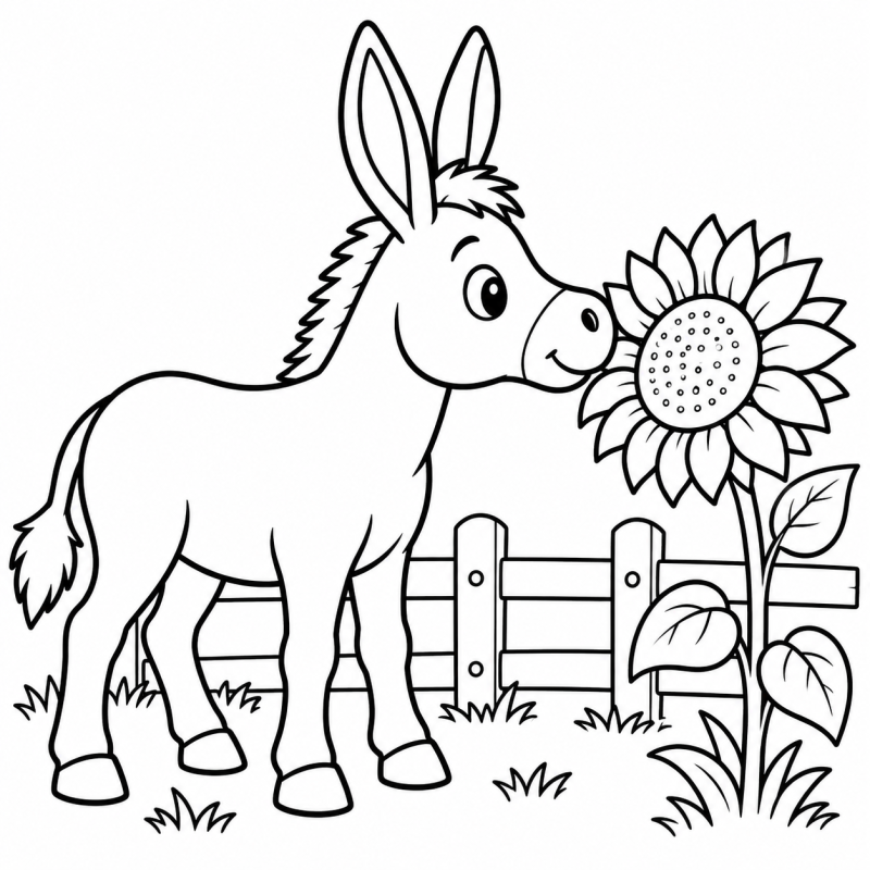 Desenho para colorir de burrinho aproximando o focinho de um girassol junto à cerca