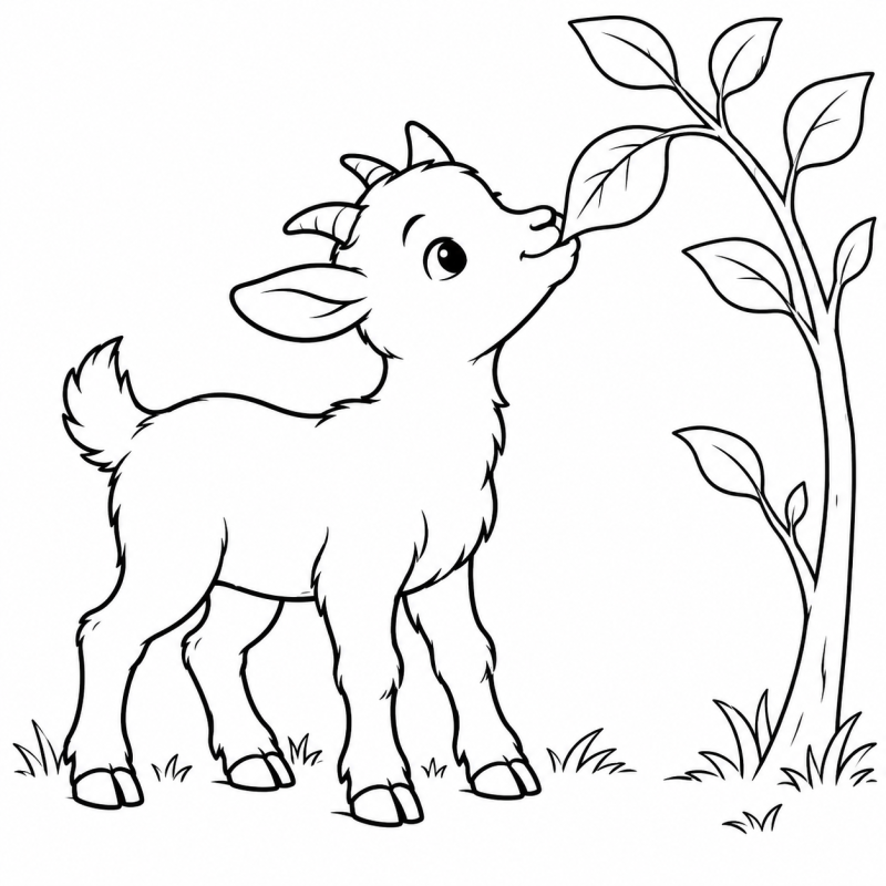 Desenho para colorir de um cabritinho alcançando uma folha em um galho baixo
