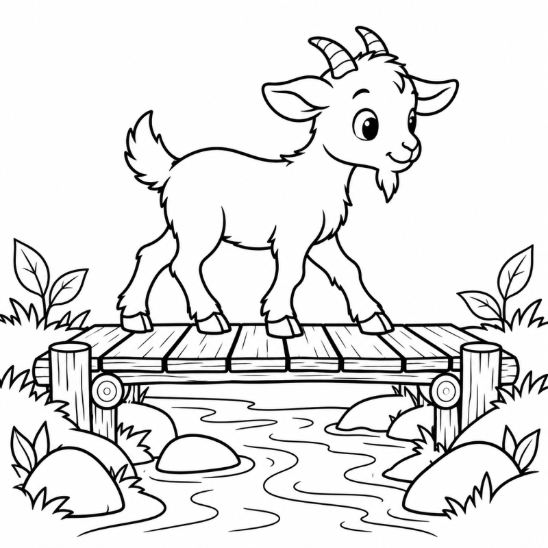 Desenho para colorir de cabritinho atravessando uma ponte curta de madeira sobre um riacho