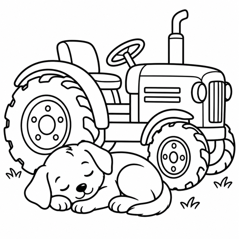 Desenho para colorir de cachorrinho dormindo enrolado ao lado de um trator estacionado
