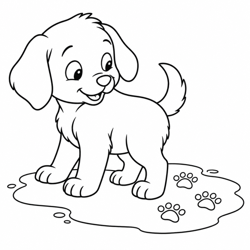 Desenho para colorir de um cachorrinho olhando três pegadas no barro
