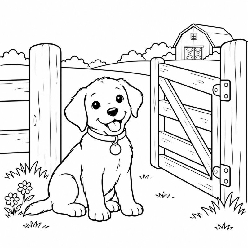 Cachorrinho de coleira junto a porteira aberta e flores da fazenda