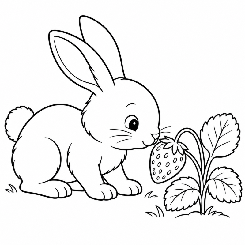 Desenho para colorir de um coelhinho cheirando um morango ainda preso à planta