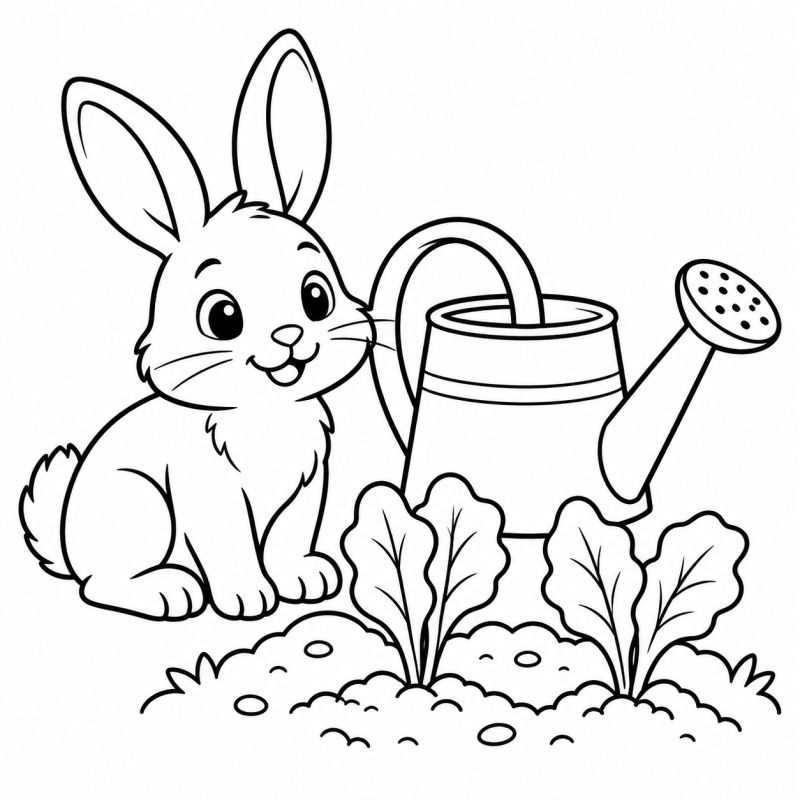 Desenho para colorir de coelhinho sentado junto a um regador e duas mudas de folhas largas