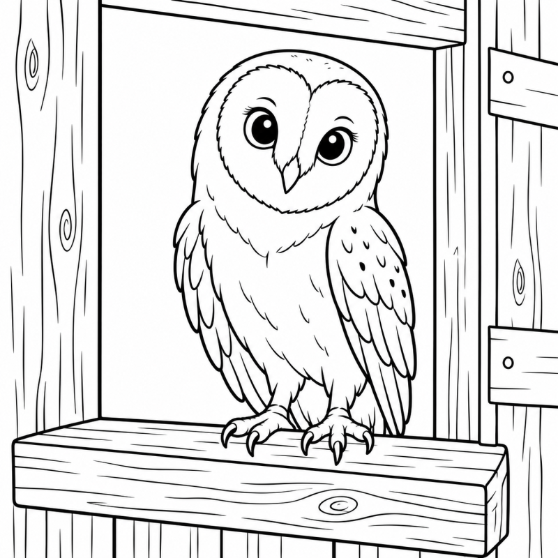 Desenho para colorir de coruja pousada na janela de madeira de um celeiro