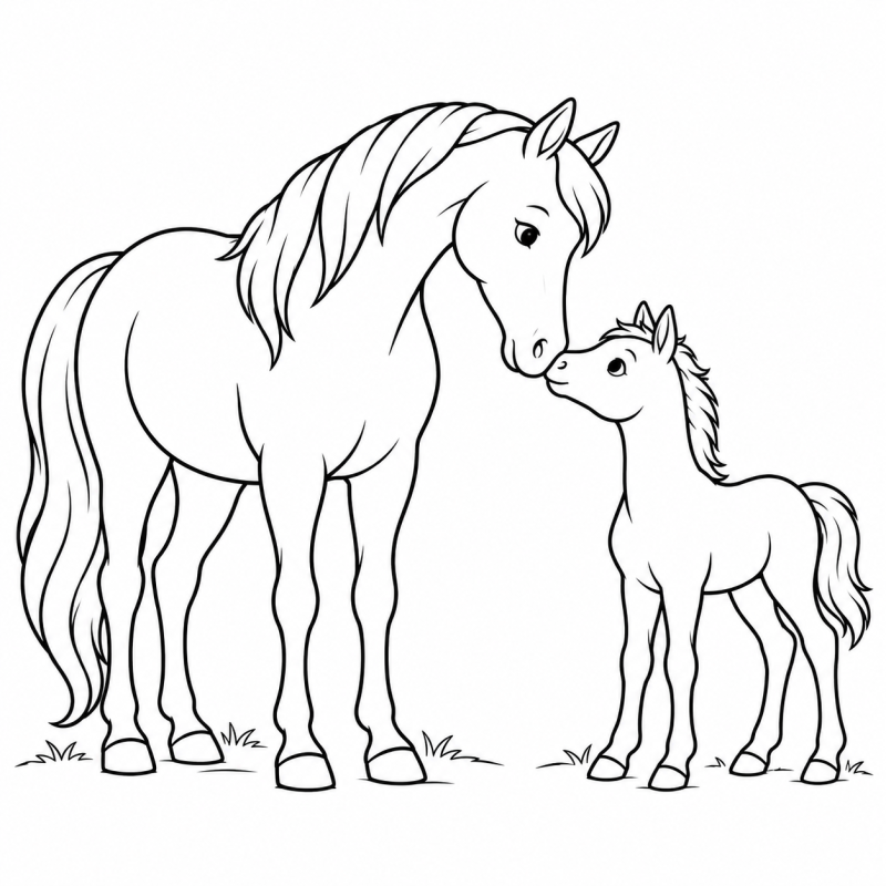 Desenho para colorir de uma égua e um potrinho com os focinhos encostados