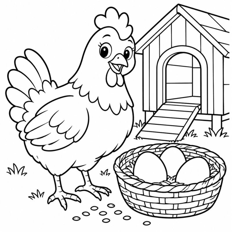 Desenho para colorir de galinha ao lado de uma cesta com ovos na entrada do galinheiro