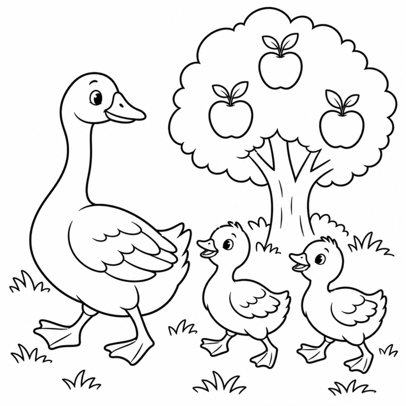 Desenho para colorir de ganso com dois filhotes diante de uma macieira pequena