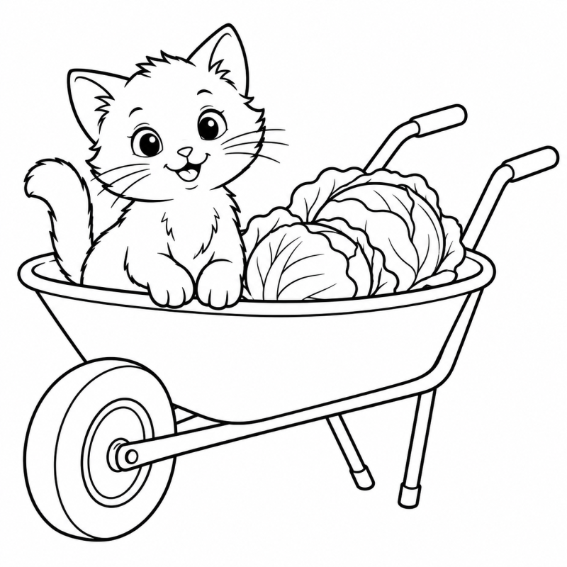 Gatinho sentado em carrinho de mão com repolhos na horta