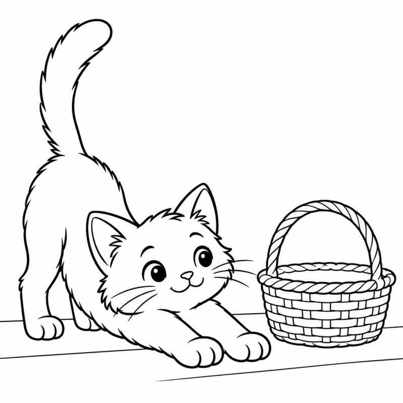 Desenho para colorir de um gatinho se espreguiçando perto de uma cesta vazia