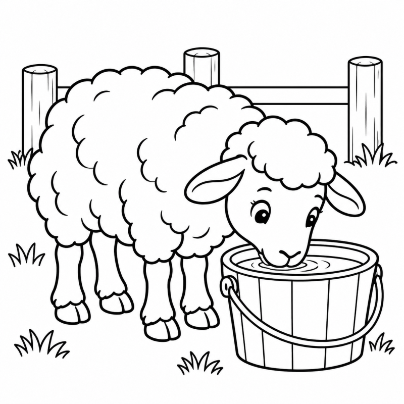 Desenho para colorir de ovelha de lã arredondada bebendo água em um balde junto à cerca