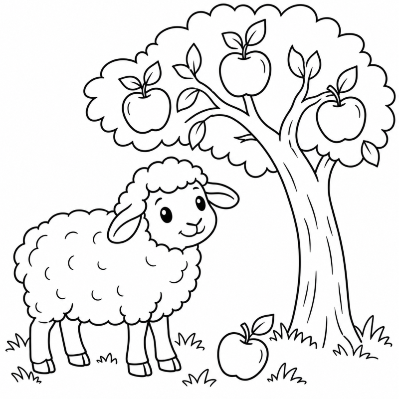 Ovelha sob macieira, com maçãs nos galhos e uma fruta no chão