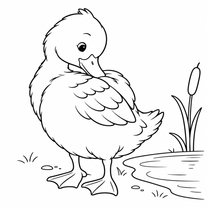 Desenho para colorir de um patinho limpando as penas na margem de uma lagoa
