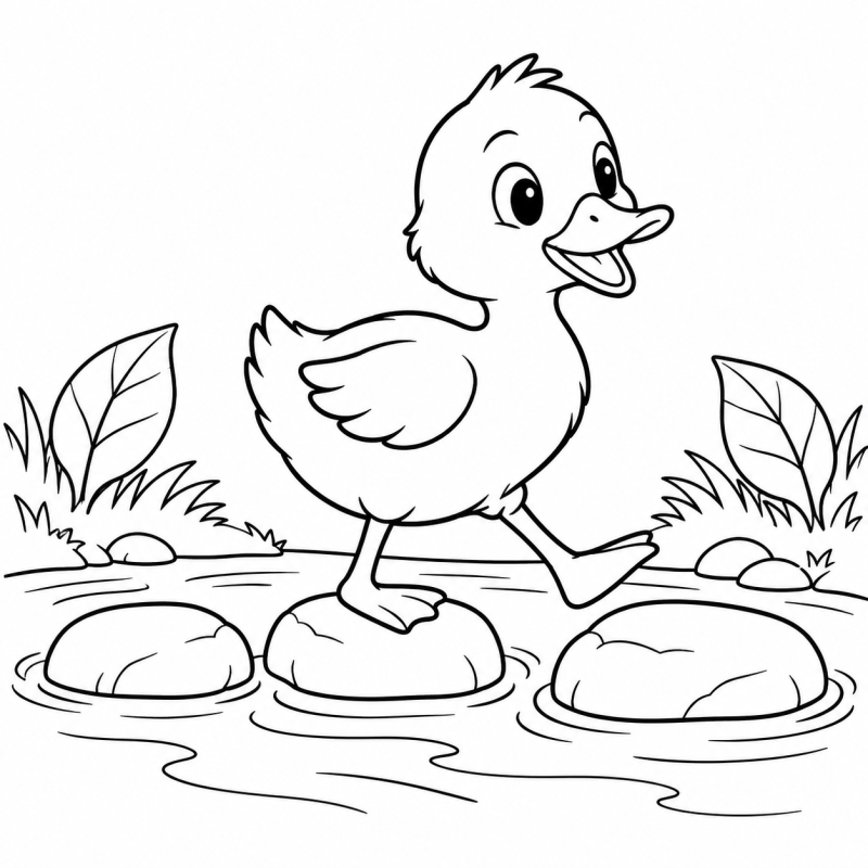Desenho para colorir de patinho andando sobre pedras de um riacho com folhas nas margens