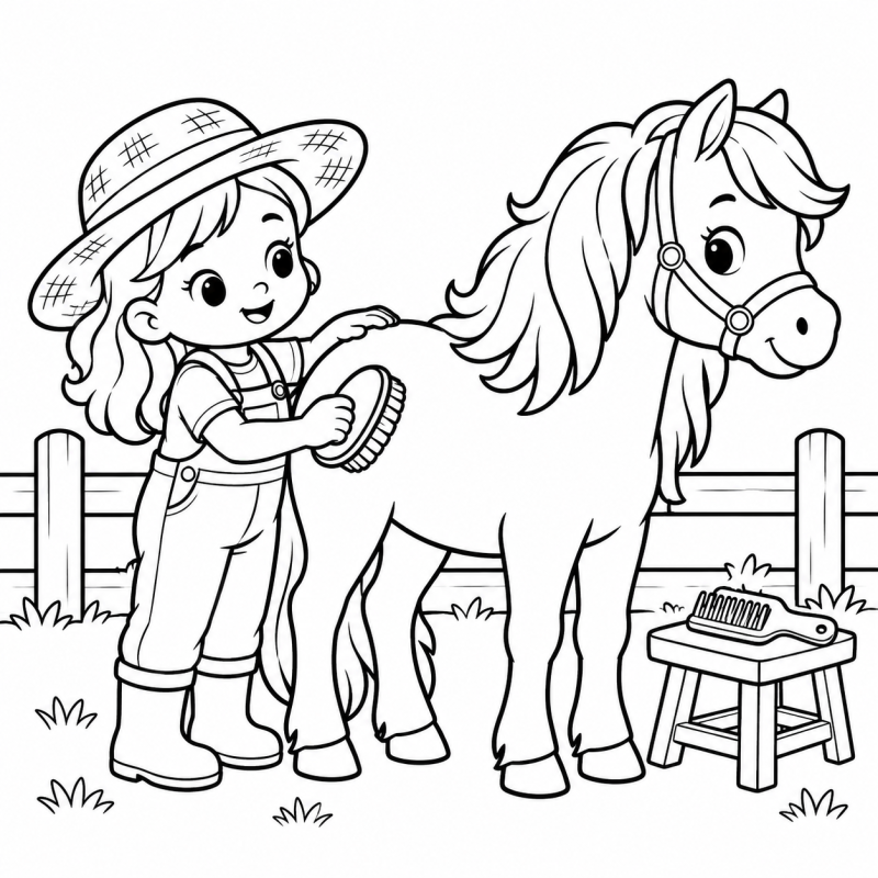 Desenho para colorir de criança com chapéu de palha escovando um pônei ao lado de um banquinho e uma cerca