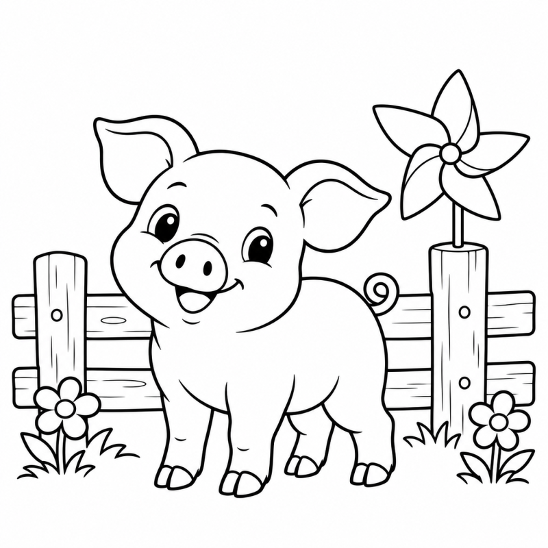 Desenho para colorir de porquinho de focinho redondo junto a uma cerca e um catavento