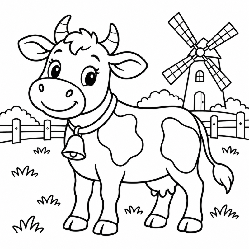 Desenho para colorir de vaquinha com sino no pescoço diante de um pequeno moinho rural