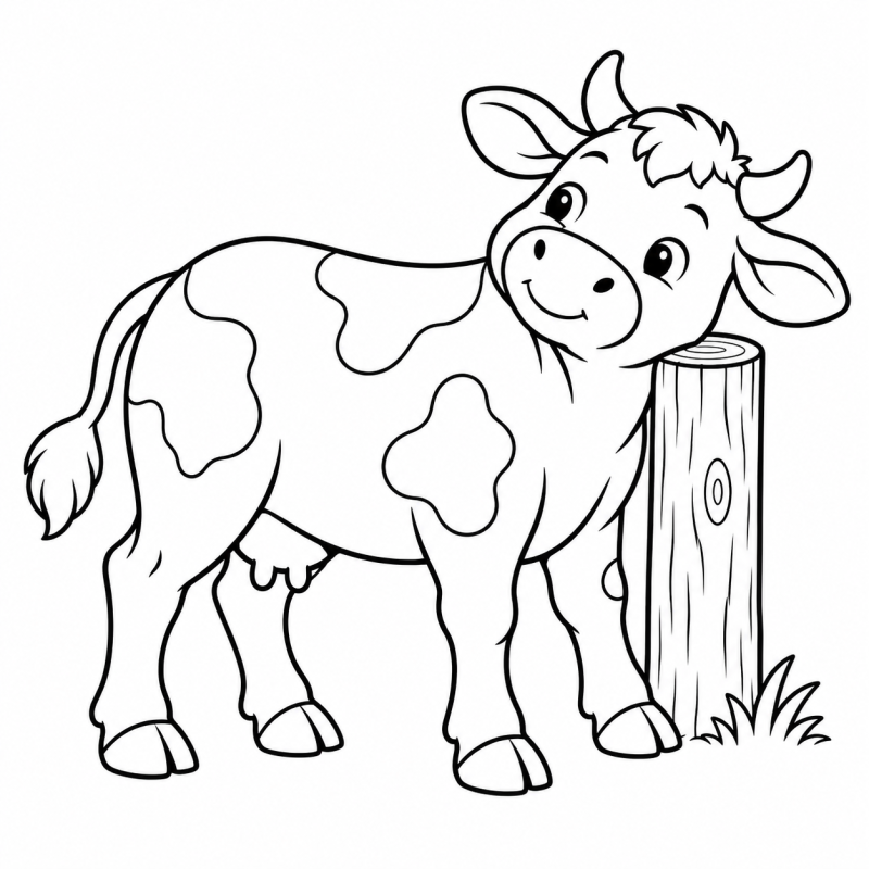 Desenho para colorir de uma vaquinha coçando o pescoço em um poste de madeira