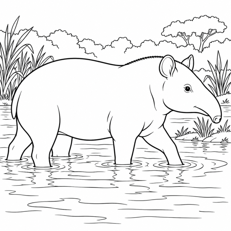 Desenho para colorir de uma anta atravessando a água de um corixo