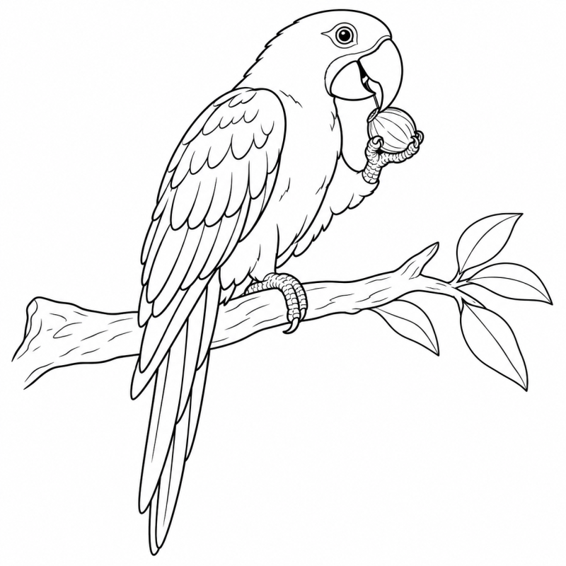 Desenho para colorir de uma arara-azul segurando um coquinho com a pata sobre um galho