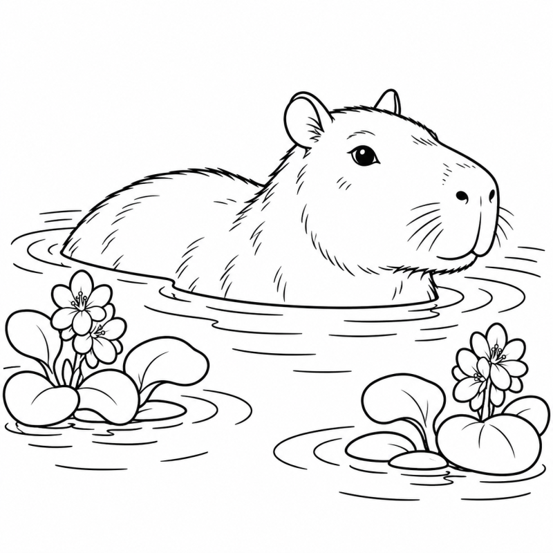 Desenho para colorir de uma capivara nadando com a cabeça fora da água entre aguapés